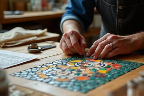 Watching an artisan create mosaics in a workshop.