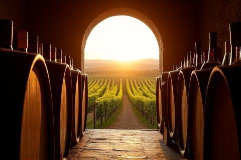 Wine tasting in a historic cellar overlooking a vineyard.
