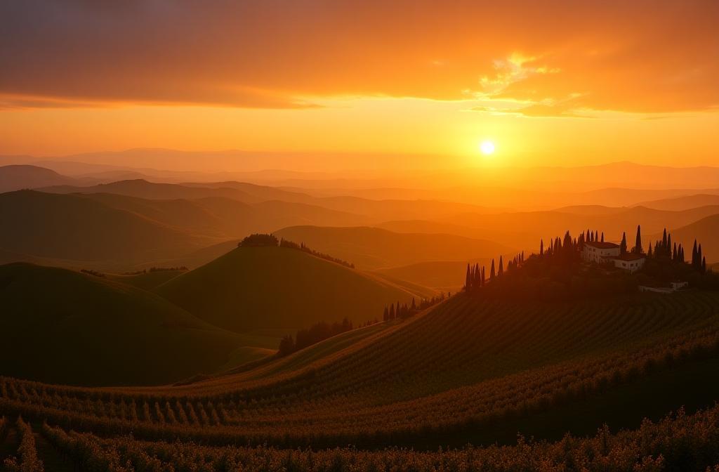 Stunning panoramic view of a Tuscan landscape at sunset, evoking luxury and discovery.